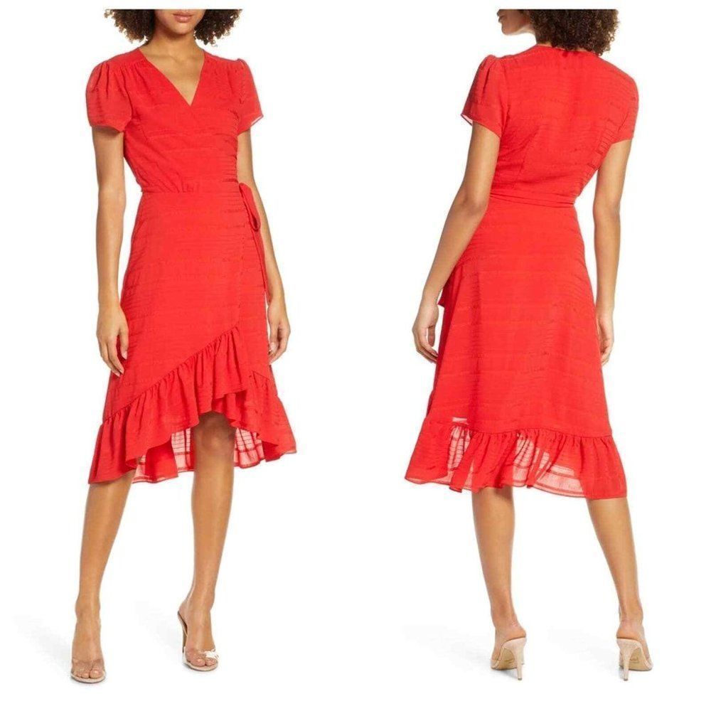 Charles Henry Dress Wrap Red Stripe V-Neck Ruffle Asymmetrical Hem Cocktail